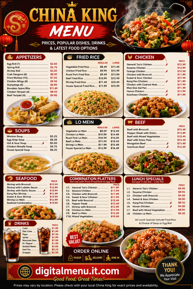 China King menu with prices featuring appetizers fried rice, chicken beef, seafood, lo mein, combination platters, lunch specials soups and drinks
