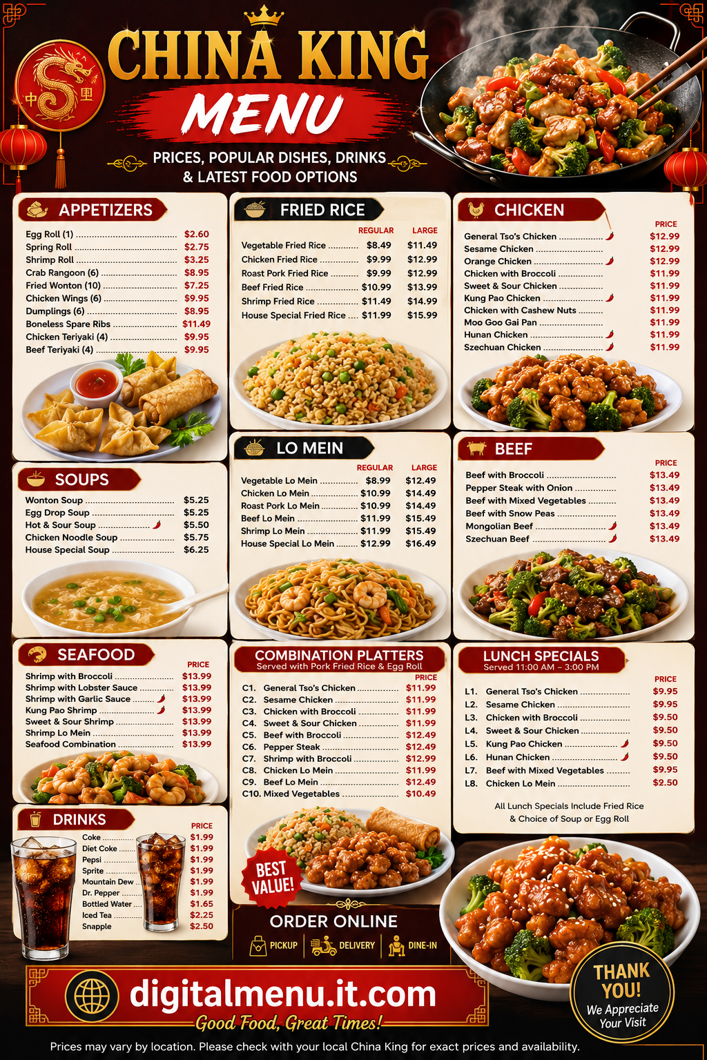 China King menu with prices featuring appetizers fried rice, chicken beef, seafood, lo mein, combination platters, lunch specials soups and drinks