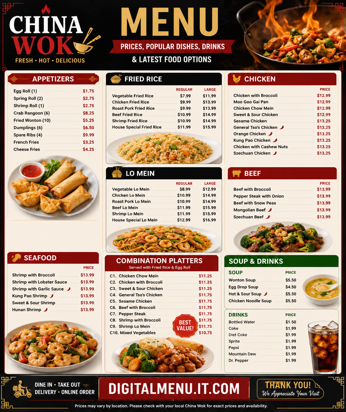 China Wok menu with prices featuring appetizers, fried rice, lo mein, chicken, beef, seafood, combination platters, soups, and drinks
